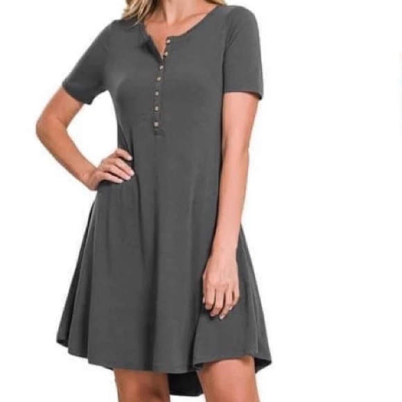 ❗️1 LEFT❗️NWT•XL•GRAY ESSENTIAL HENLEY COMFY SWING DRESS•NEW - Picture 1 of 14